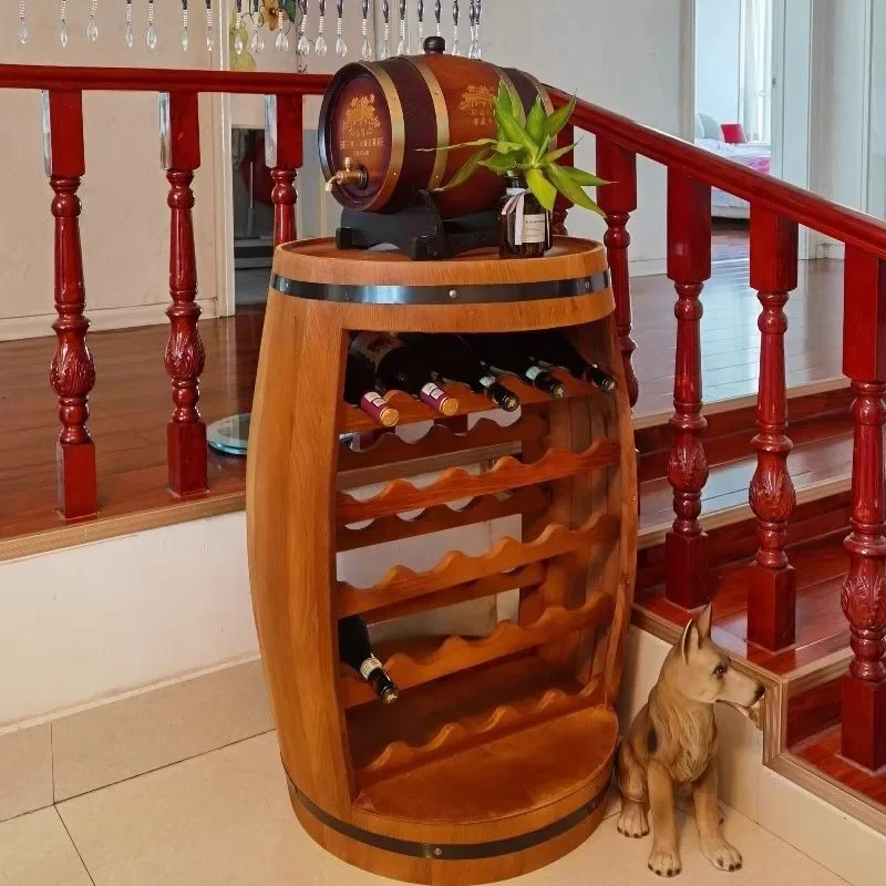 Home Bar Shelves - Solid Wood Wine Rack Oak Barrel