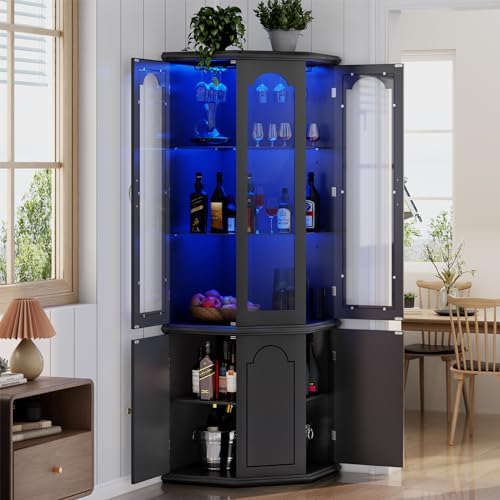 Home Bar Shelves - Corner Bar Cabinet w/LED Lights, Tall
