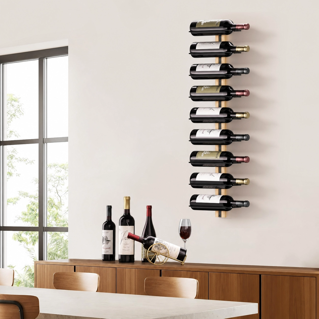 Home Bar Stand - Wall-mounted Wood Wine Rack Holds 9