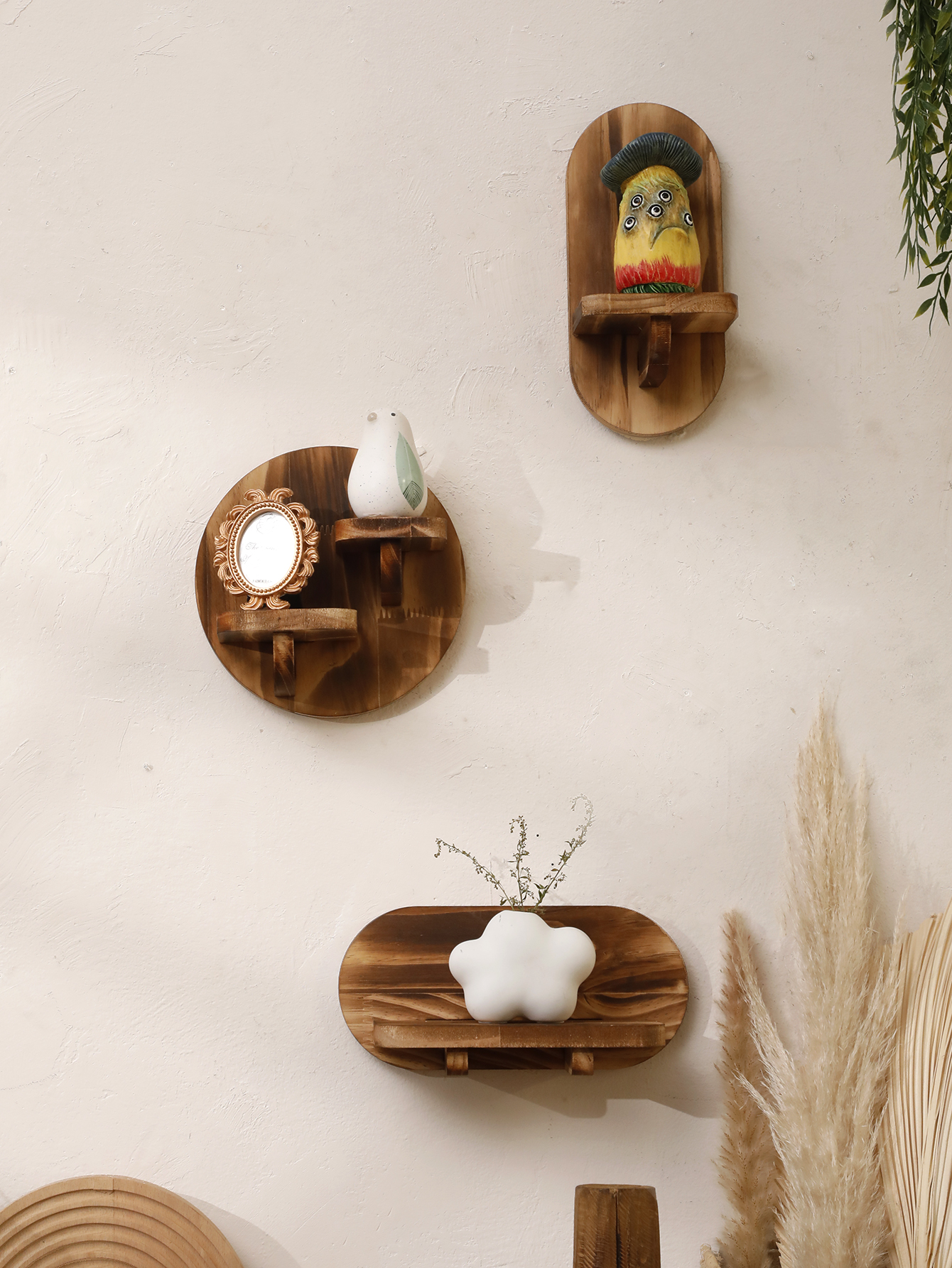 Home Bar Shelves - 1/2-tier Wooden Shelves Oval Charcoal Color
