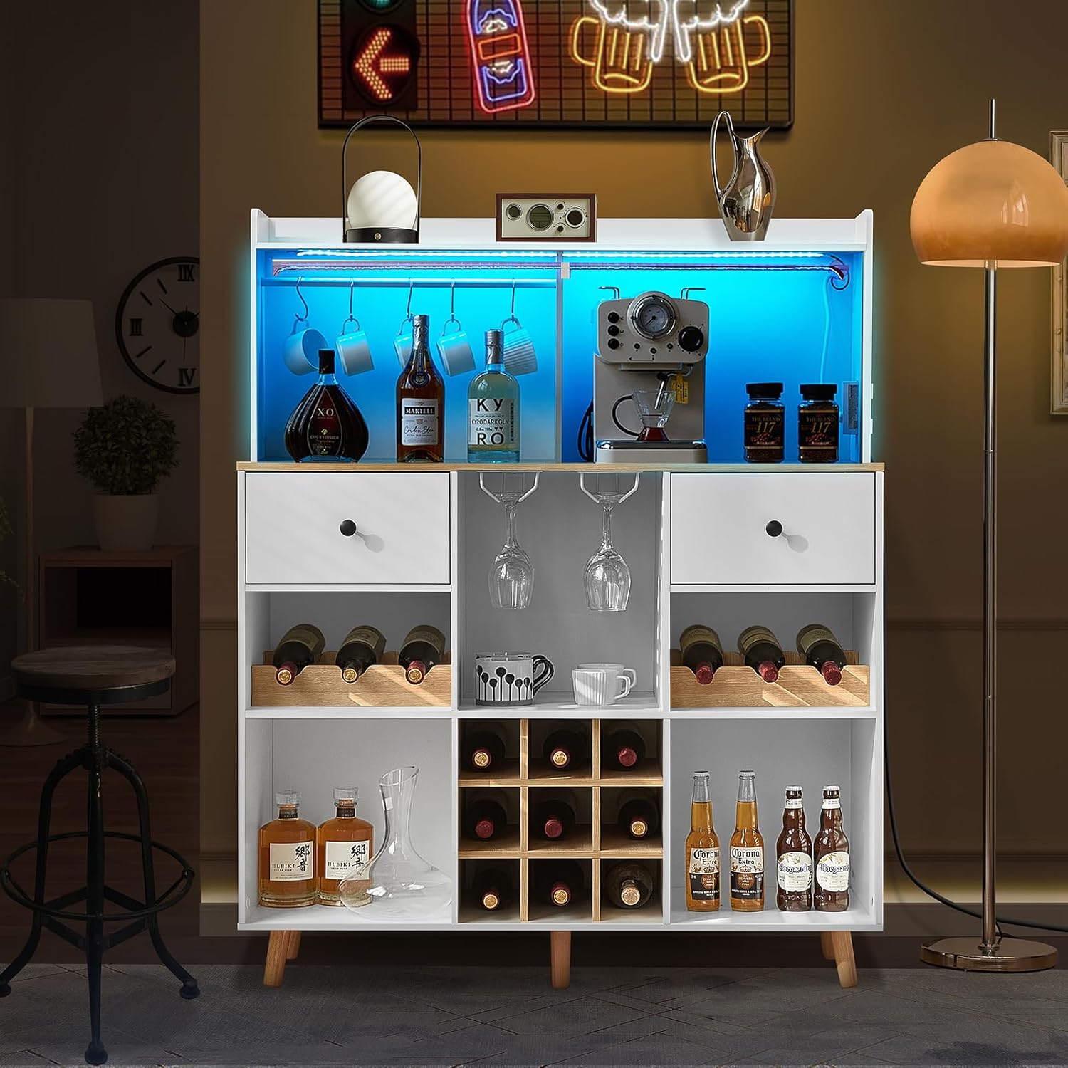 Home Bar Shelves - Wine Bar Cabinet with Power Outlet